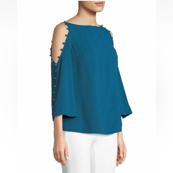 Trina Turk Amor Button Cold-Shoulder Top, Truest Teal size M - Picture 7 of 10